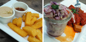 Polenta-Pommes und vegetarische Currywurst im Düsseldofer Restaurant SchnellVeg